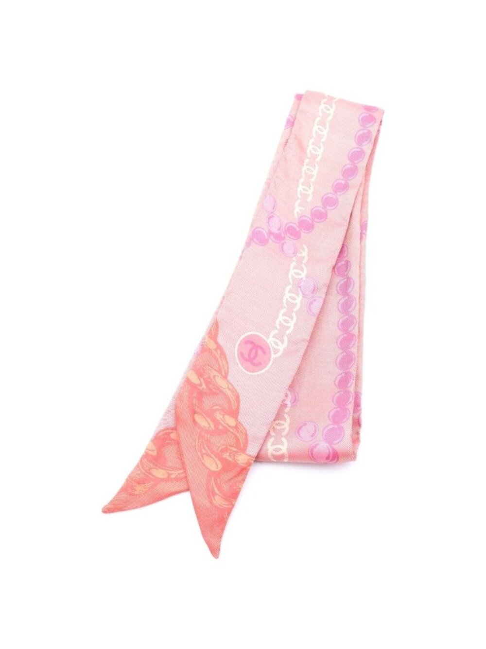 Chanel CC Logo Pearl Motif Silk Twilly Scarf Pink